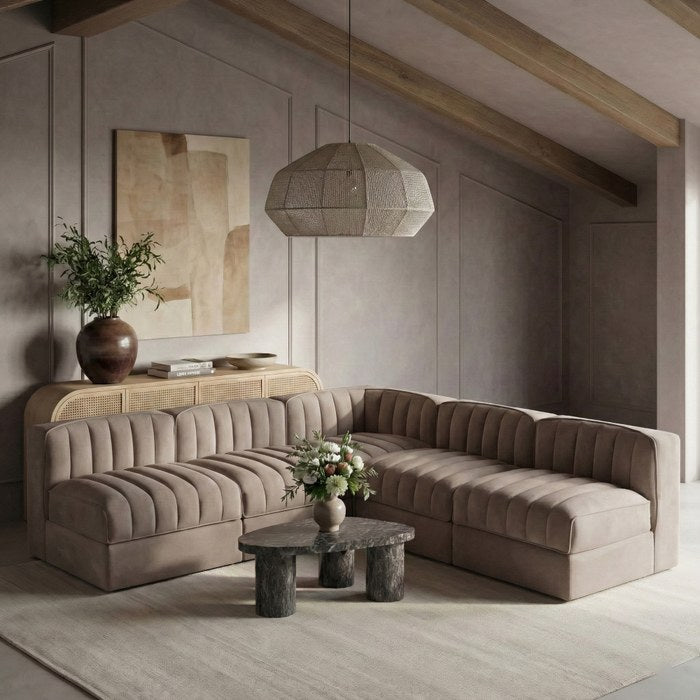 Meridian Furniture - Rummi Taupe Velvet Performance Fabric Upholstered 5pc. Sectional - 660Taupe-Sec5A - GreatFurnitureDeal