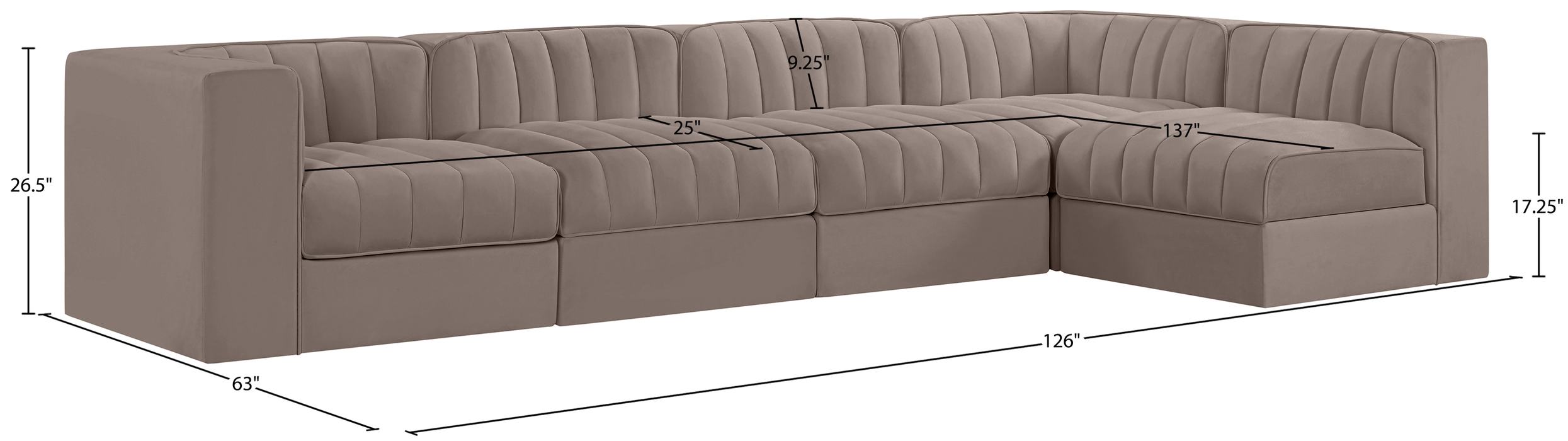 Meridian Furniture - Rummi Taupe Velvet Performance Fabric Upholstered 5pc. Sectional - 660Taupe-Sec5E - GreatFurnitureDeal