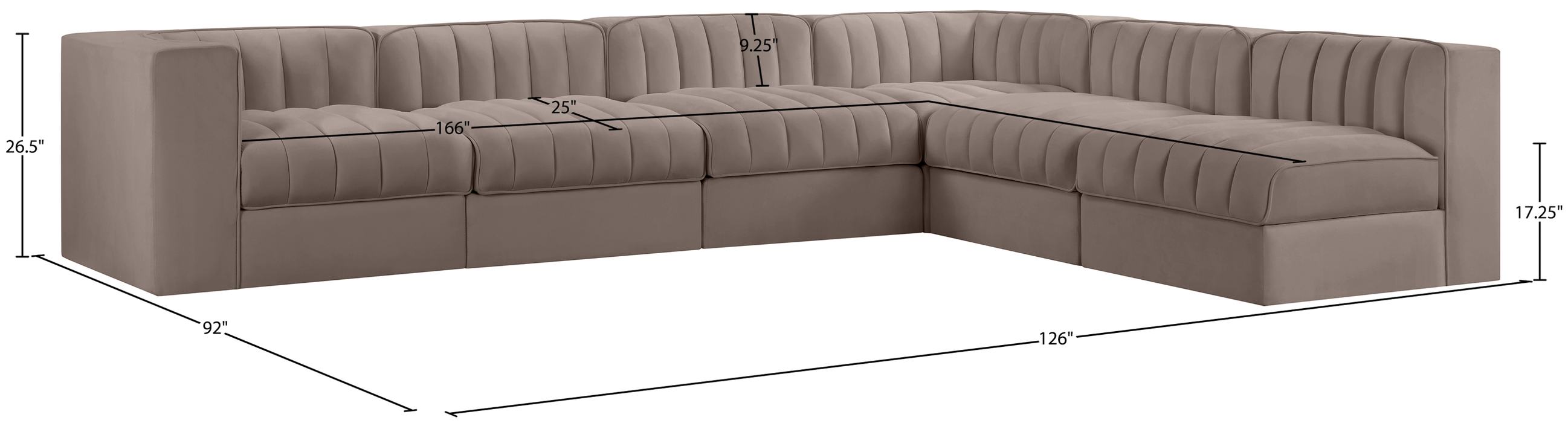 Meridian Furniture - Rummi Taupe Velvet Performance Fabric Upholstered 6pc. Sectional - 660Taupe-Sec6B - GreatFurnitureDeal