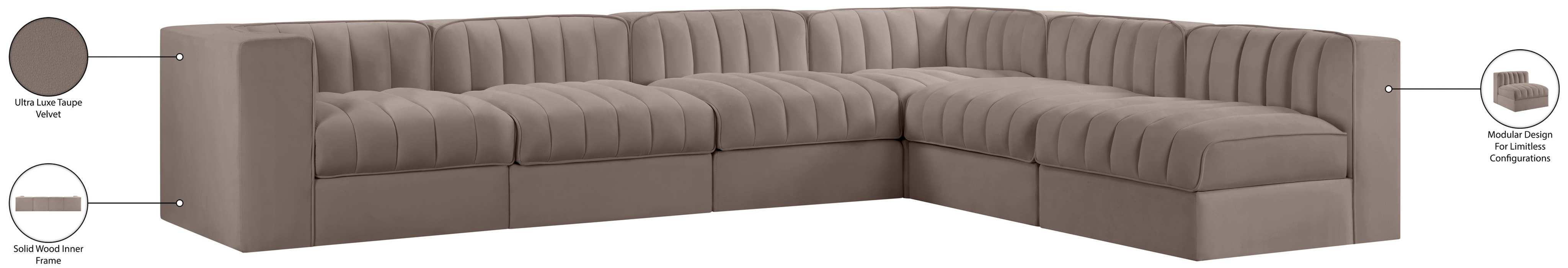 Meridian Furniture - Rummi Taupe Velvet Performance Fabric Upholstered 6pc. Sectional - 660Taupe-Sec6B - GreatFurnitureDeal