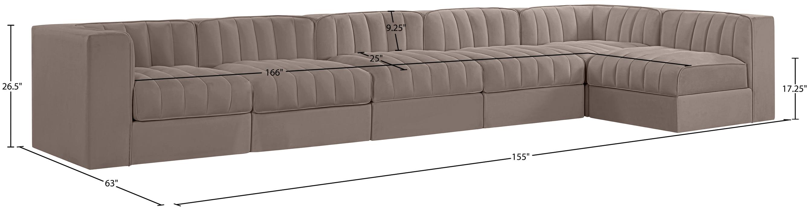 Meridian Furniture - Rummi Taupe Velvet Performance Fabric Upholstered 6pc. Sectional - 660Taupe-Sec6E - GreatFurnitureDeal