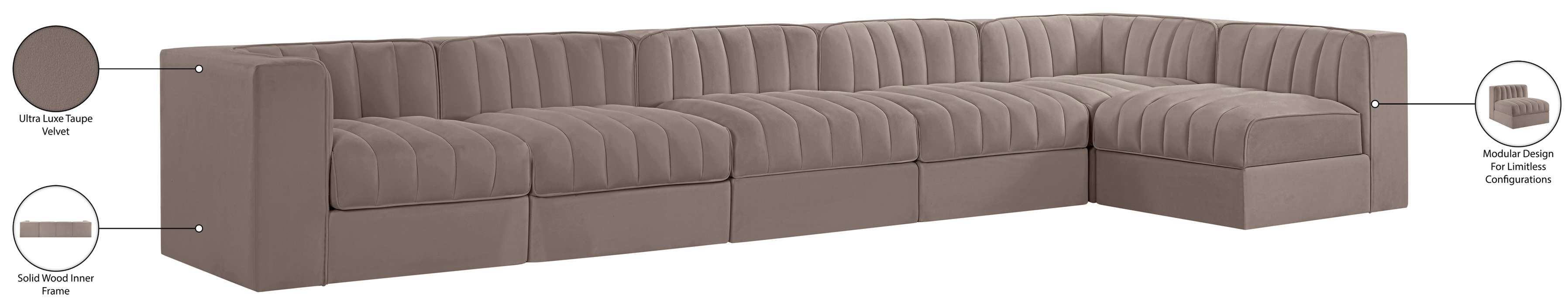 Meridian Furniture - Rummi Taupe Velvet Performance Fabric Upholstered 6pc. Sectional - 660Taupe-Sec6E - GreatFurnitureDeal