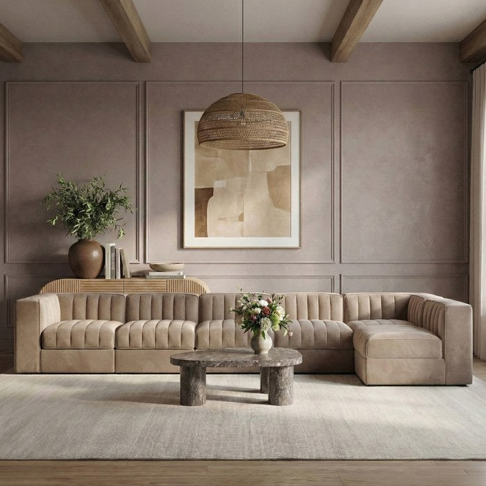 Meridian Furniture - Rummi Taupe Velvet Performance Fabric Upholstered 6pc. Sectional - 660Taupe-Sec6E - GreatFurnitureDeal