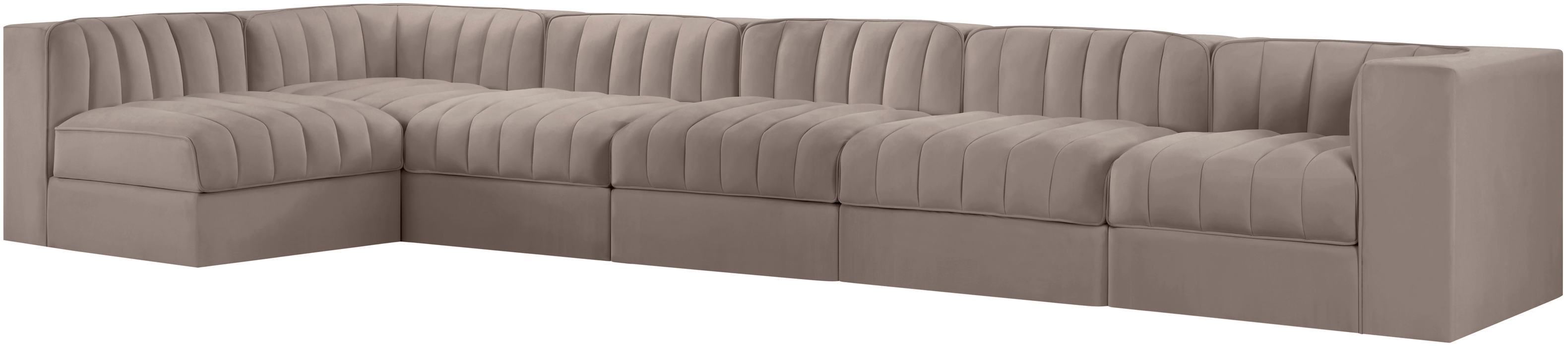 Meridian Furniture - Rummi Taupe Velvet Performance Fabric Upholstered 6pc. Sectional - 660Taupe-Sec6E - GreatFurnitureDeal