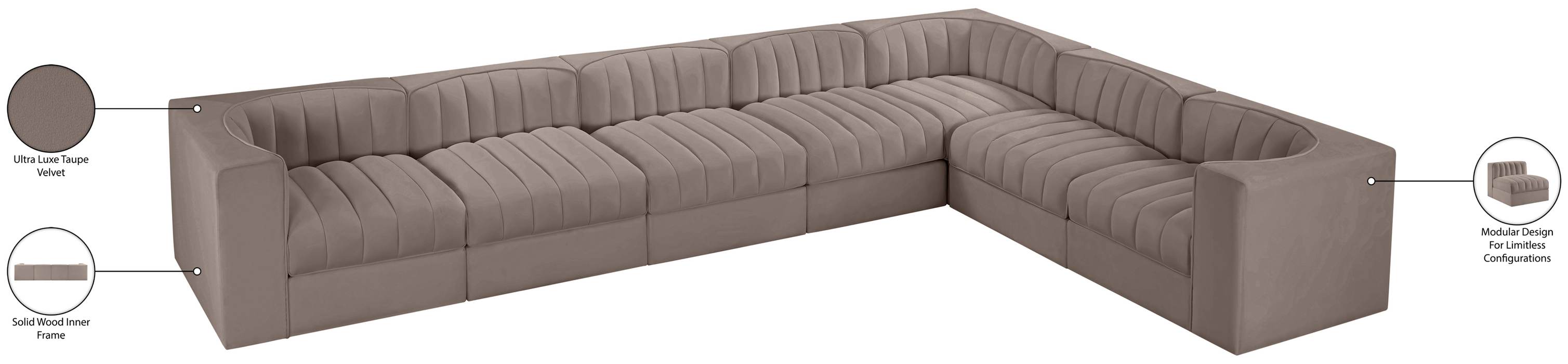 Meridian Furniture - Rummi Taupe Velvet Performance Fabric Upholstered 7pc. Sectional - 660Taupe-Sec7C - GreatFurnitureDeal