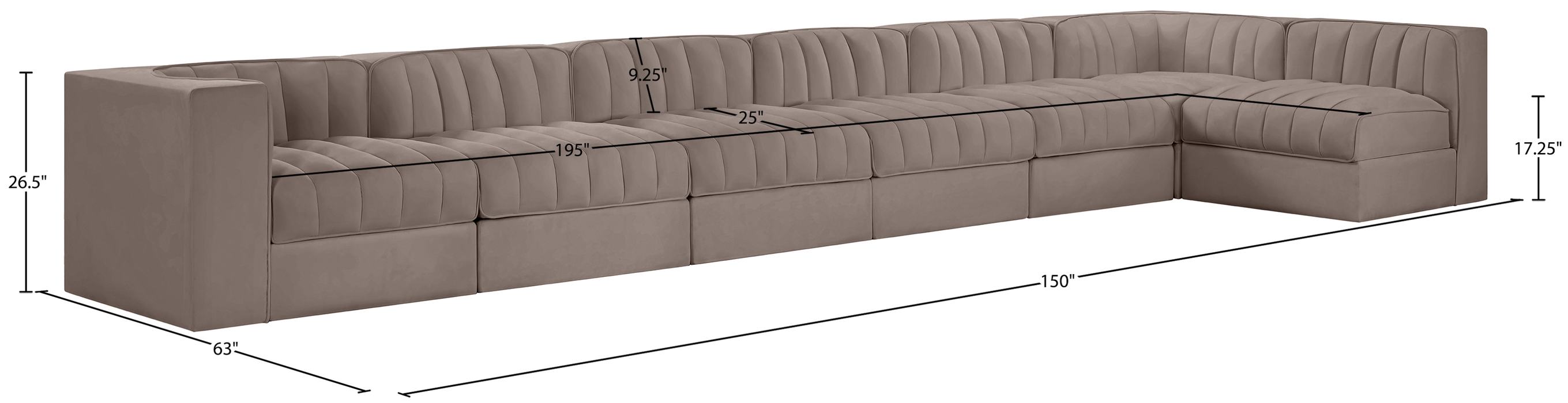 Meridian Furniture - Rummi Taupe Velvet Performance Fabric Upholstered 7pc. Sectional - 660Taupe-Sec7D - GreatFurnitureDeal