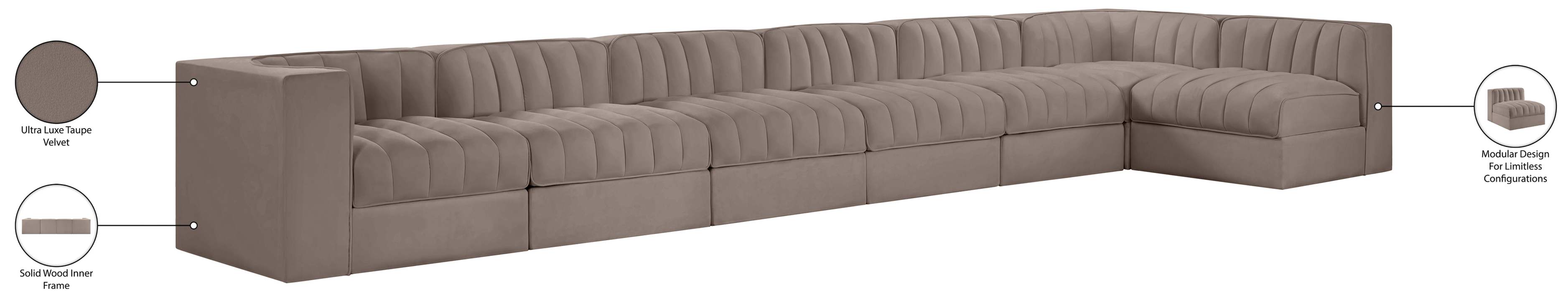 Meridian Furniture - Rummi Taupe Velvet Performance Fabric Upholstered 7pc. Sectional - 660Taupe-Sec7D - GreatFurnitureDeal