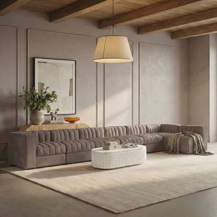 Meridian Furniture - Rummi Taupe Velvet Performance Fabric Upholstered 7pc. Sectional - 660Taupe-Sec7D - GreatFurnitureDeal
