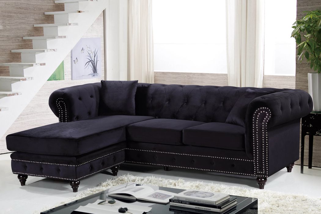 Meridian Furniture - Sabrina 96" Black Velvet Upholstered 2pc. Reversible Sectional - 667Black-Sectional - GreatFurnitureDeal