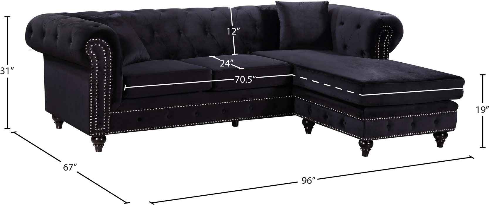 Meridian Furniture - Sabrina 96" Black Velvet Upholstered 2pc. Reversible Sectional - 667Black-Sectional - GreatFurnitureDeal