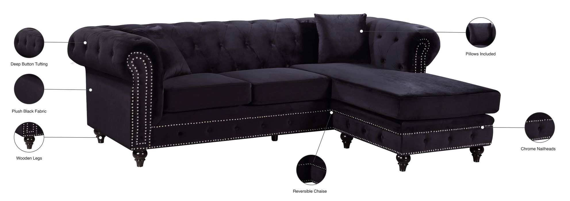 Meridian Furniture - Sabrina 96" Black Velvet Upholstered 2pc. Reversible Sectional - 667Black-Sectional - GreatFurnitureDeal