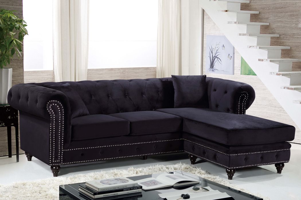 Meridian Furniture - Sabrina 96" Black Velvet Upholstered 2pc. Reversible Sectional - 667Black-Sectional - GreatFurnitureDeal