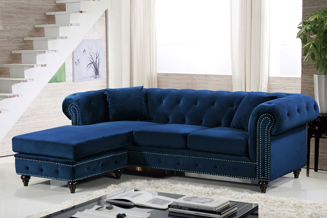 Meridian Furniture - Sabrina 96" Navy Velvet Upholstered 2pc. Reversible Sectional - 667Navy-Sectional - GreatFurnitureDeal