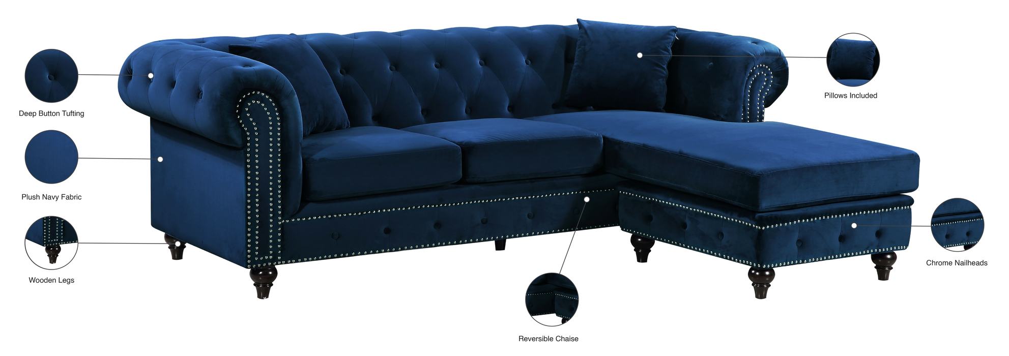 Meridian Furniture - Sabrina 96" Navy Velvet Upholstered 2pc. Reversible Sectional - 667Navy-Sectional - GreatFurnitureDeal