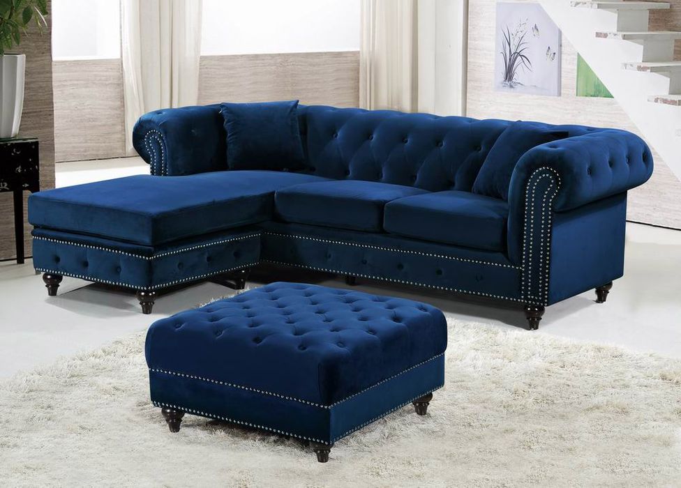 Meridian Furniture - Sabrina 96" Navy Velvet Upholstered 2pc. Reversible Sectional - 667Navy-Sectional - GreatFurnitureDeal