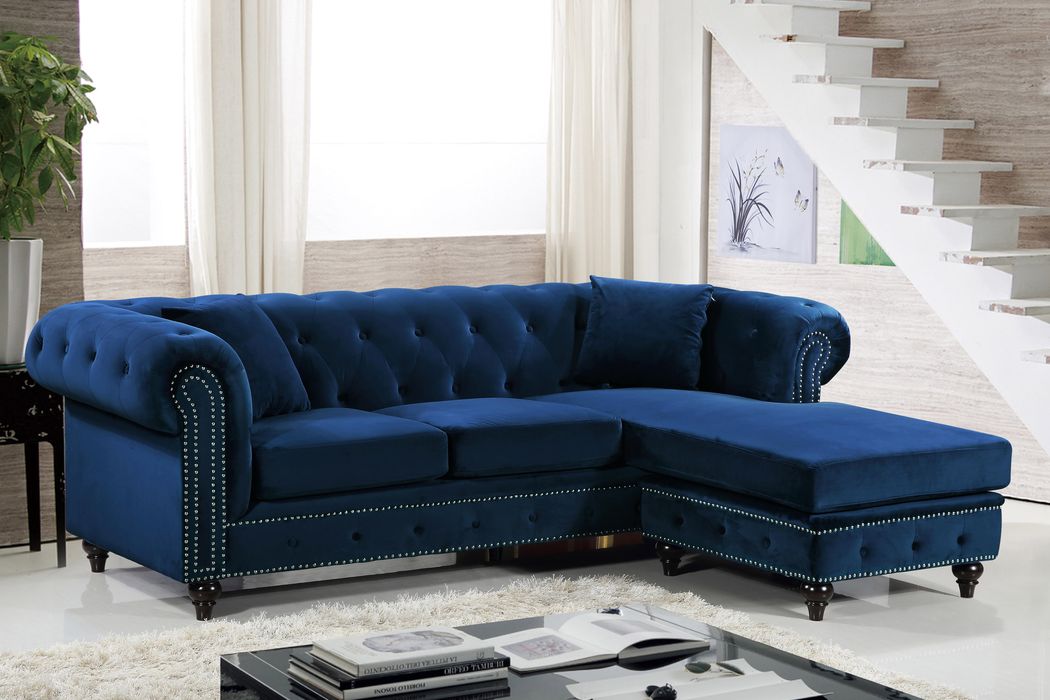 Meridian Furniture - Sabrina 96" Navy Velvet Upholstered 2pc. Reversible Sectional - 667Navy-Sectional - GreatFurnitureDeal