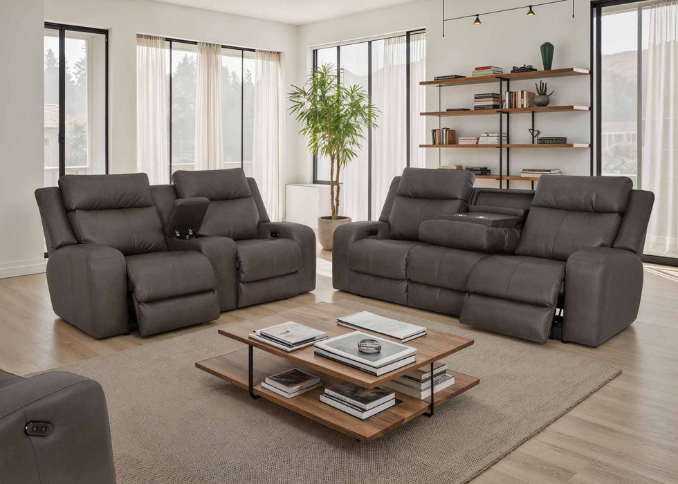 Franklin Furniture - 667 Winston Power Reclining Console Loveseat w/ Power Headrest, Storage, Cupholders & USB in Detroit Smoke - 66735 - GreatFurnitureDeal