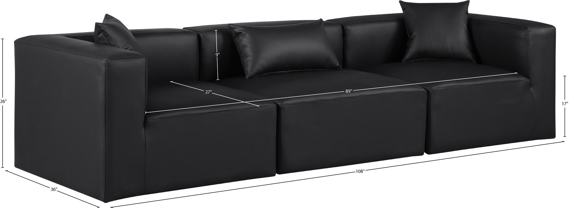Meridian Furniture - Cube 108" Black Vegan Leather Upholstered 3pc. Sofa - 668Black-S108B - GreatFurnitureDeal