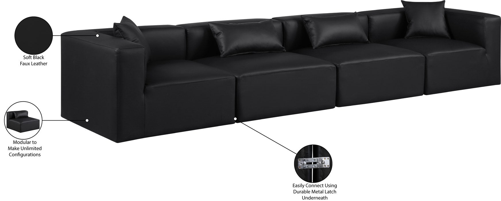 Meridian Furniture - Cube 144" Black Vegan Leather Upholstered 4pc. Sofa - 668Black-S144B - GreatFurnitureDeal