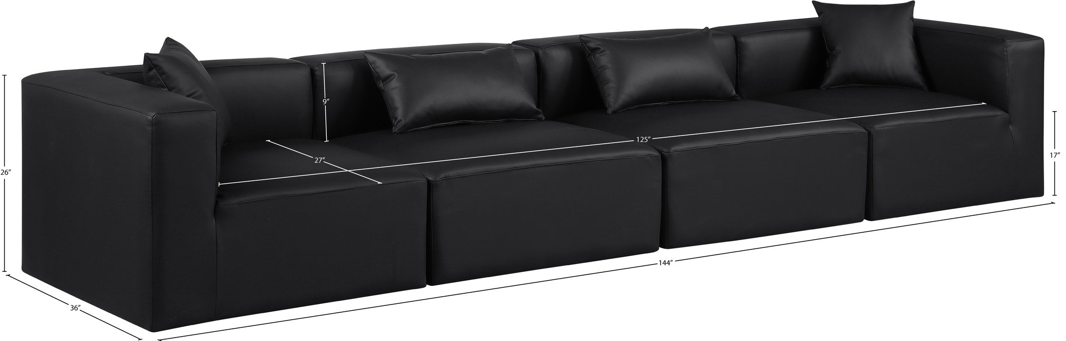 Meridian Furniture - Cube 144" Black Vegan Leather Upholstered 4pc. Sofa - 668Black-S144B - GreatFurnitureDeal