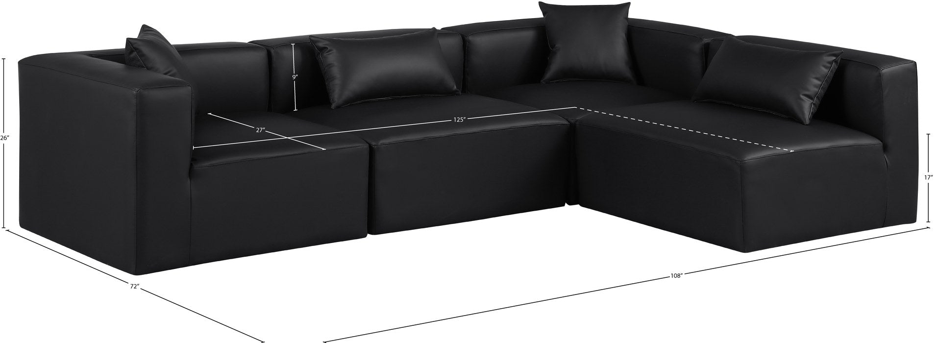 Meridian Furniture - Cube 108" Black Vegan Leather Upholstered 4pc. Sectional - 668Black-Sec4B - GreatFurnitureDeal