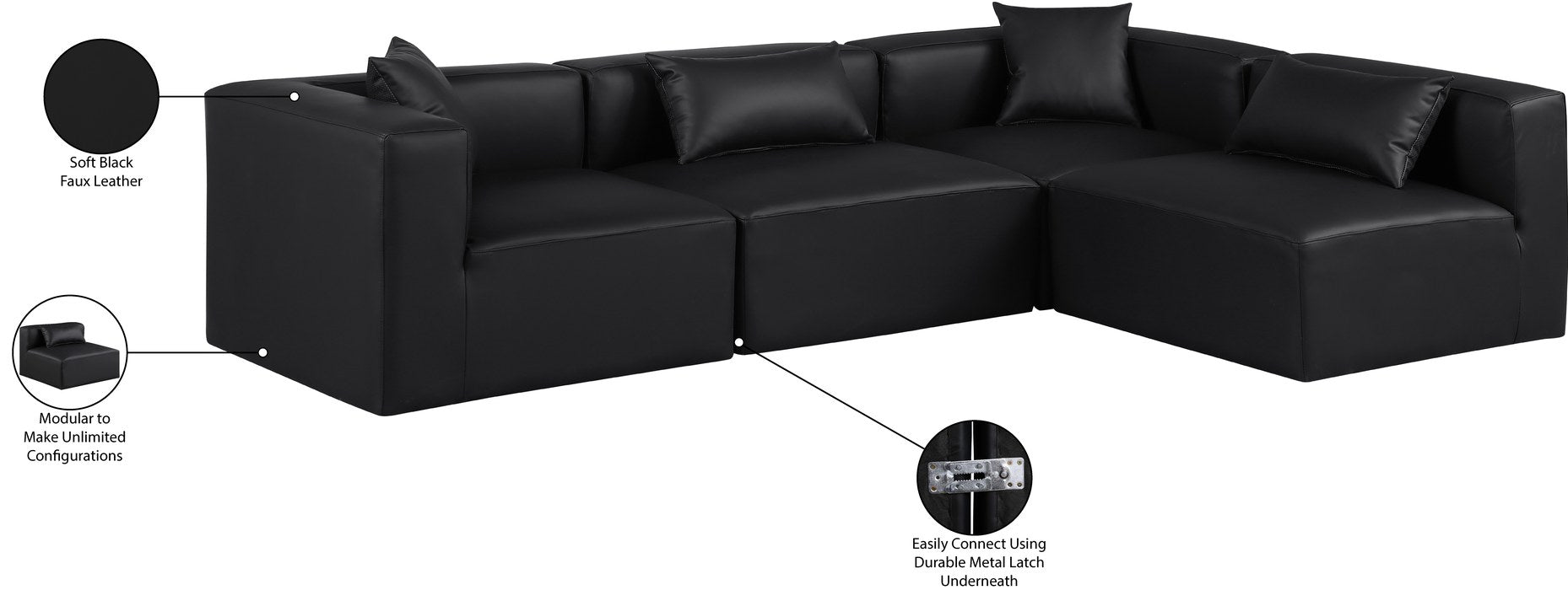 Meridian Furniture - Cube 108" Black Vegan Leather Upholstered 4pc. Sectional - 668Black-Sec4B - GreatFurnitureDeal