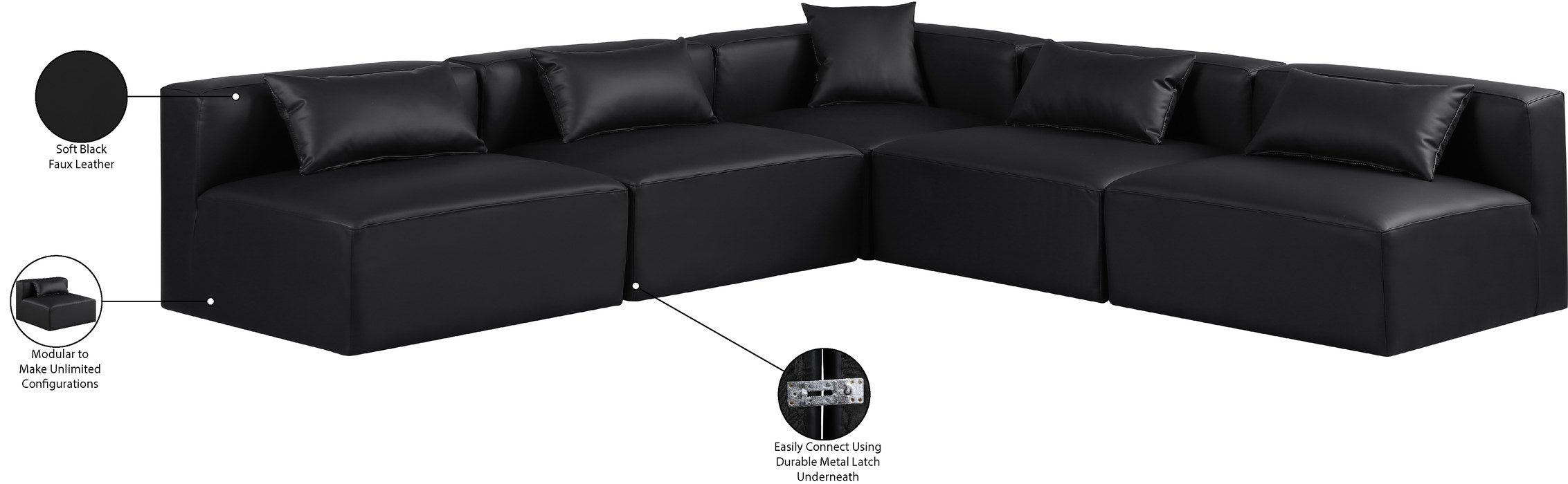 Meridian Furniture - Cube 108" Black Vegan Leather Upholstered 5pc. Sectional - 668Black-Sec5B - GreatFurnitureDeal