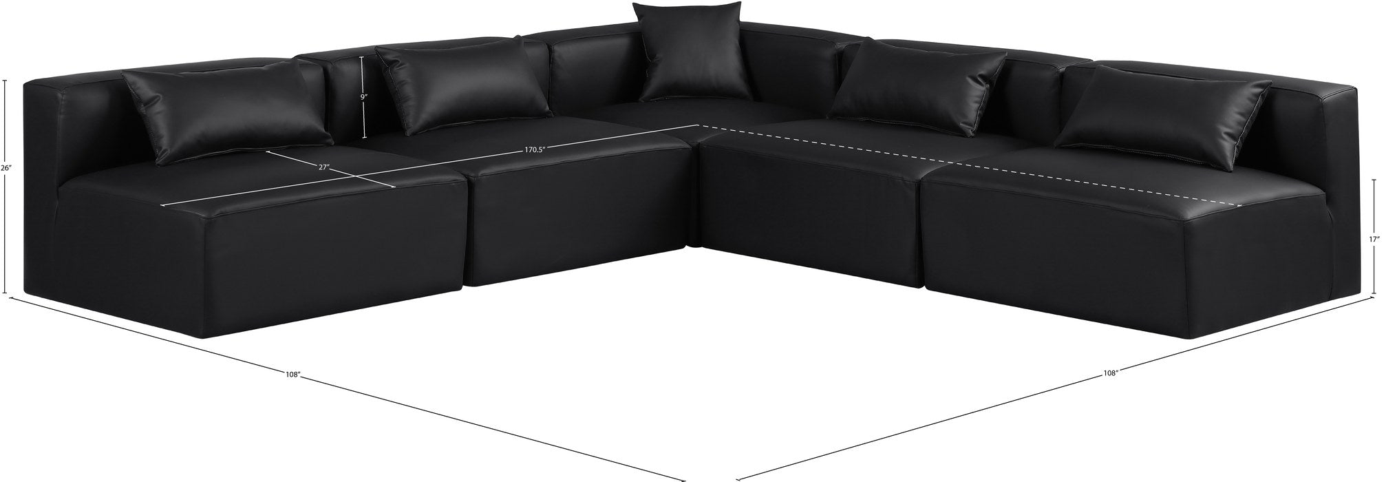 Meridian Furniture - Cube 108" Black Vegan Leather Upholstered 5pc. Sectional - 668Black-Sec5B - GreatFurnitureDeal