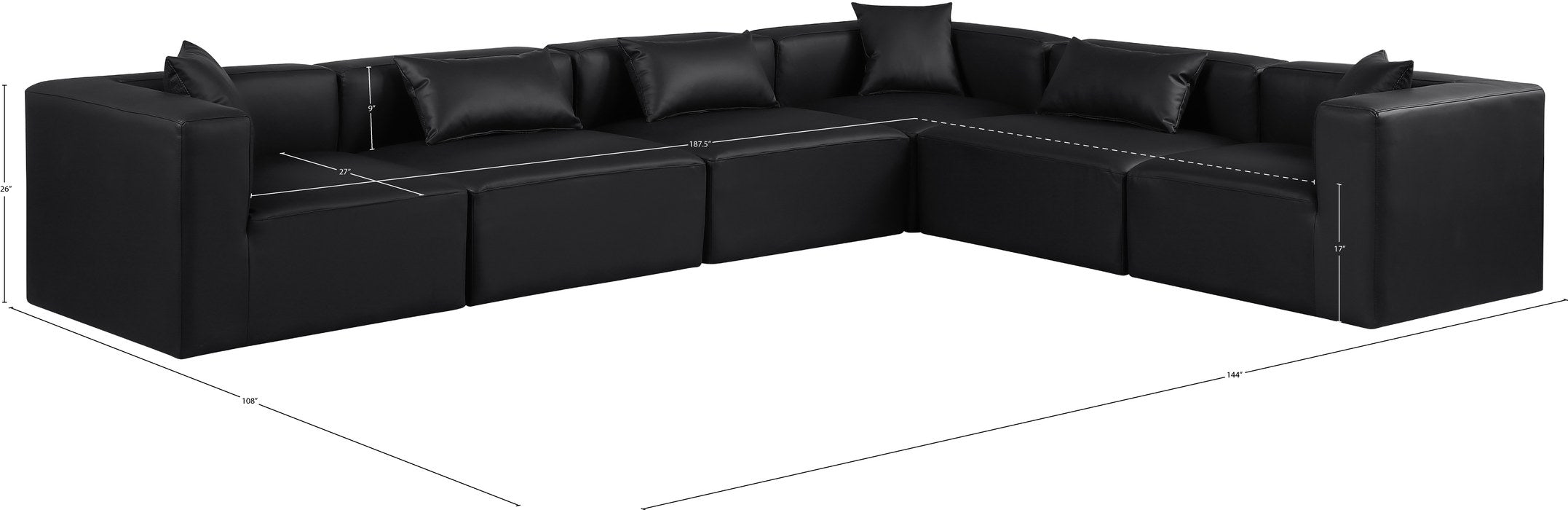 Meridian Furniture - Cube 144" Black Vegan Leather Upholstered 6pc. Sectional - 668Black-Sec6A - GreatFurnitureDeal
