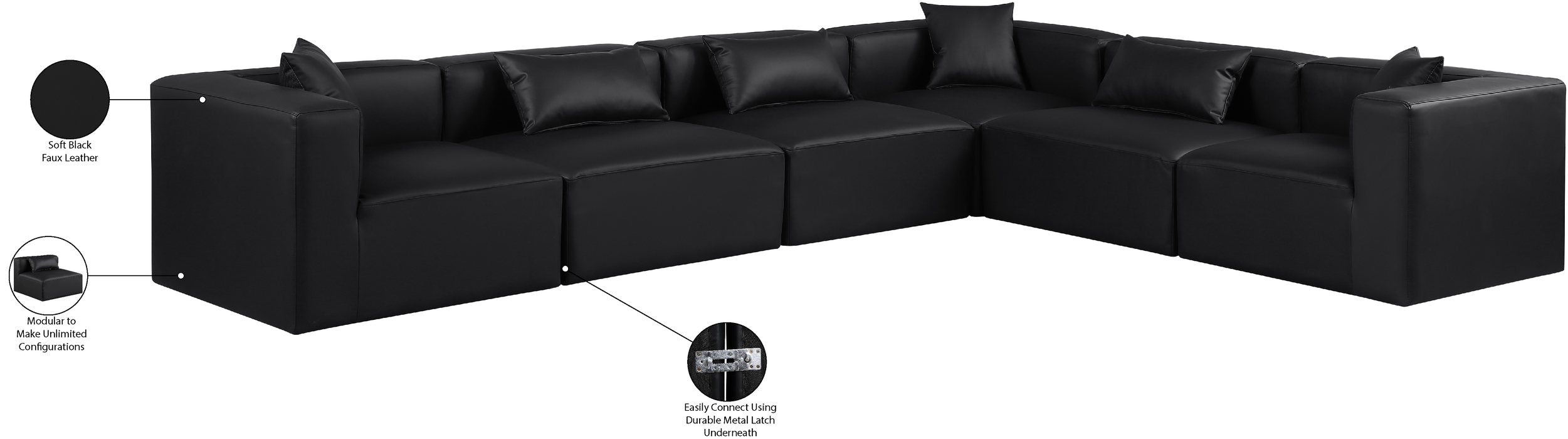 Meridian Furniture - Cube 144" Black Vegan Leather Upholstered 6pc. Sectional - 668Black-Sec6A - GreatFurnitureDeal
