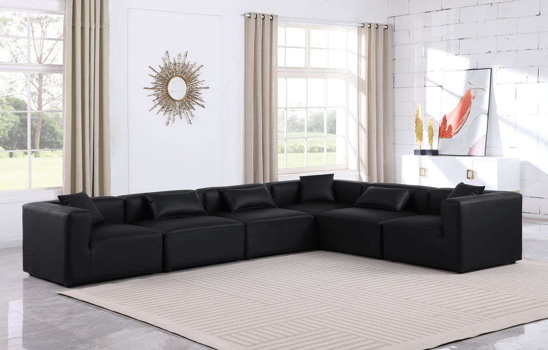 Meridian Furniture - Cube 144" Black Vegan Leather Upholstered 6pc. Sectional - 668Black-Sec6A - GreatFurnitureDeal