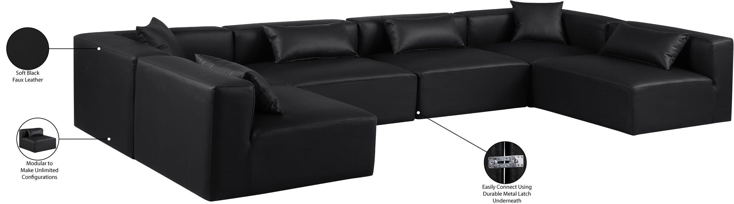 Meridian Furniture - Cube 144" Black Vegan Leather Upholstered 6pc. Sectional - 668Black-Sec6D - GreatFurnitureDeal