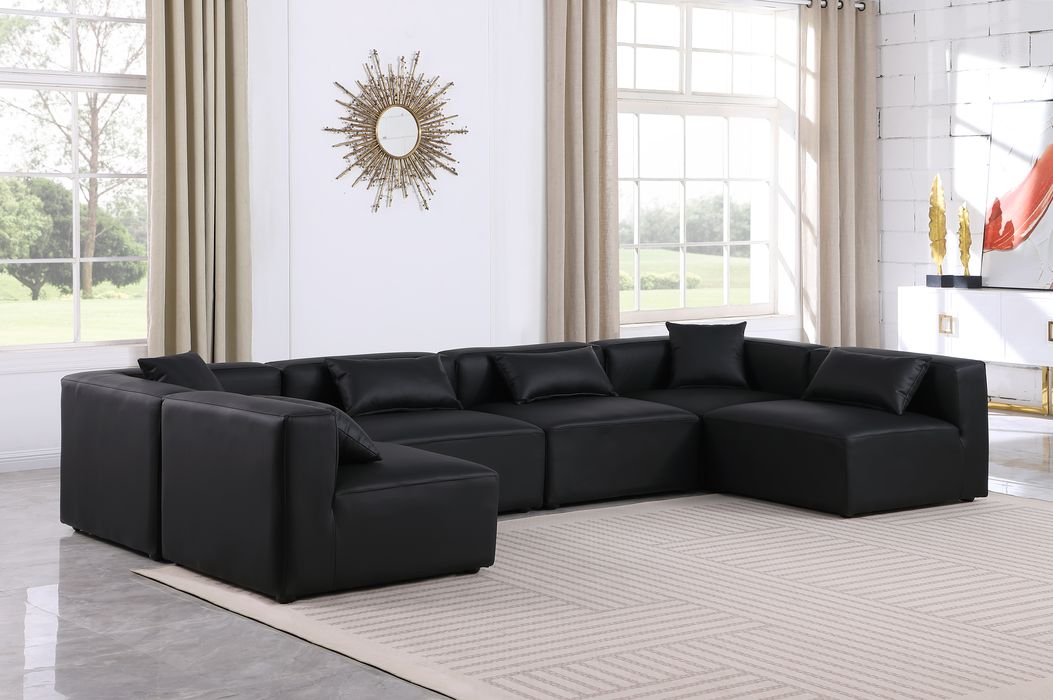 Meridian Furniture - Cube 144" Black Vegan Leather Upholstered 6pc. Sectional - 668Black-Sec6D - GreatFurnitureDeal