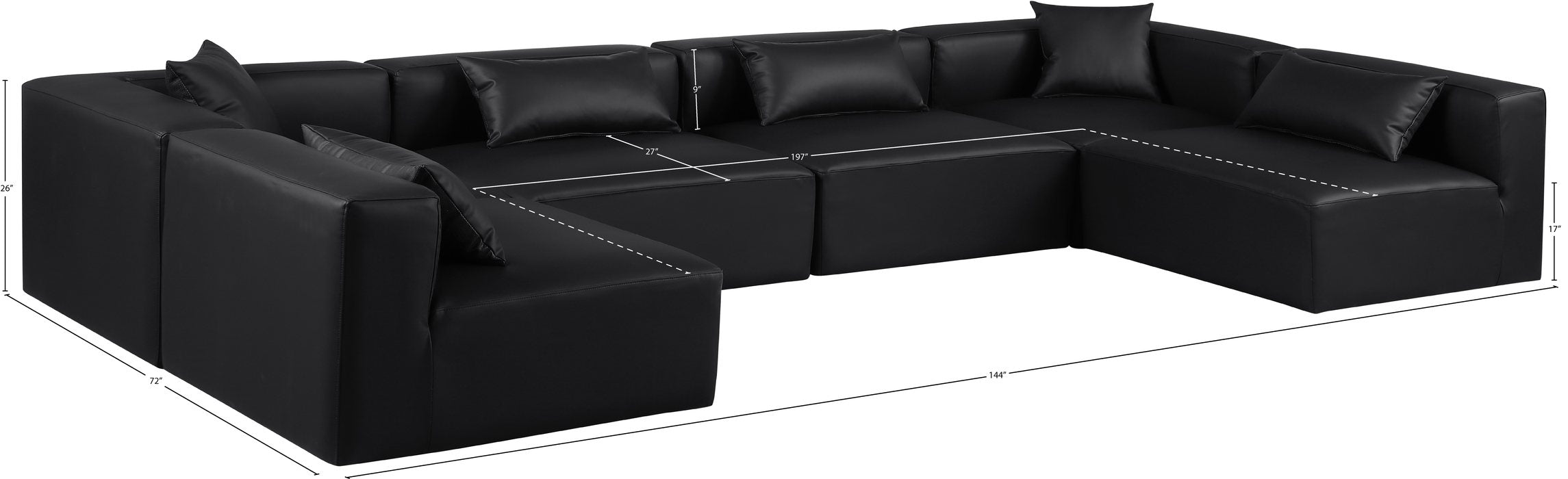 Meridian Furniture - Cube 144" Black Vegan Leather Upholstered 6pc. Sectional - 668Black-Sec6D - GreatFurnitureDeal