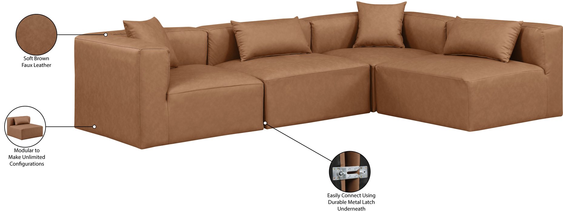 Meridian Furniture - Cube 108" Brown Vegan Leather Upholstered 4pc. Sectional - 668Brown-Sec4B - GreatFurnitureDeal