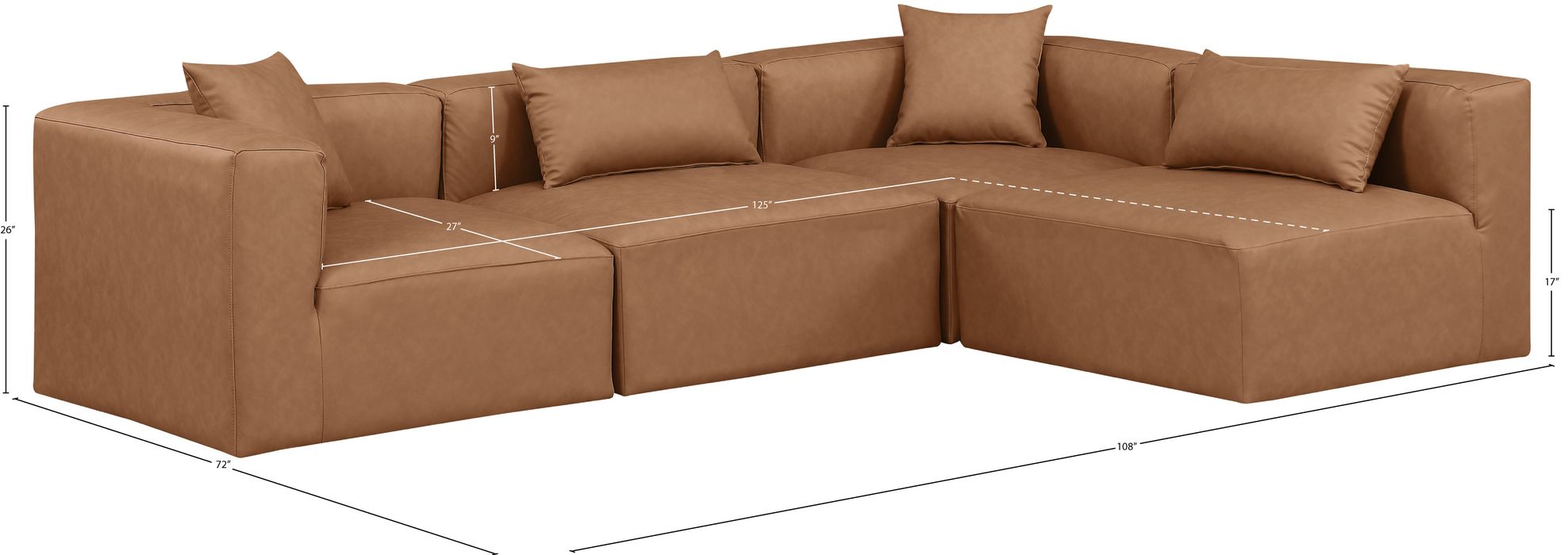 Meridian Furniture - Cube 108" Brown Vegan Leather Upholstered 4pc. Sectional - 668Brown-Sec4B - GreatFurnitureDeal
