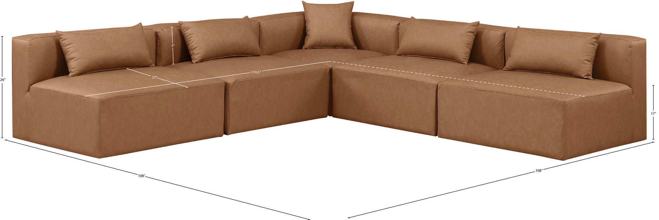 Meridian Furniture - Cube 108" Brown Vegan Leather Upholstered 5pc. Sectional - 668Brown-Sec5B - GreatFurnitureDeal