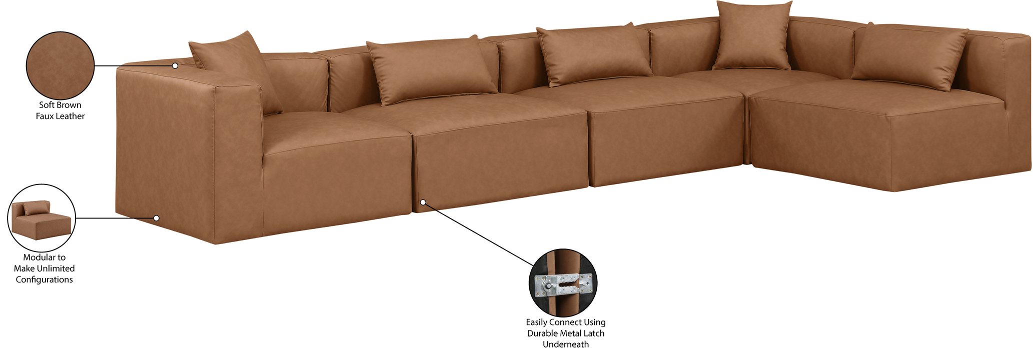 Meridian Furniture - Cube 144" Brown Vegan Leather Upholstered 5pc. Sectional - 668Brown-Sec5D - GreatFurnitureDeal