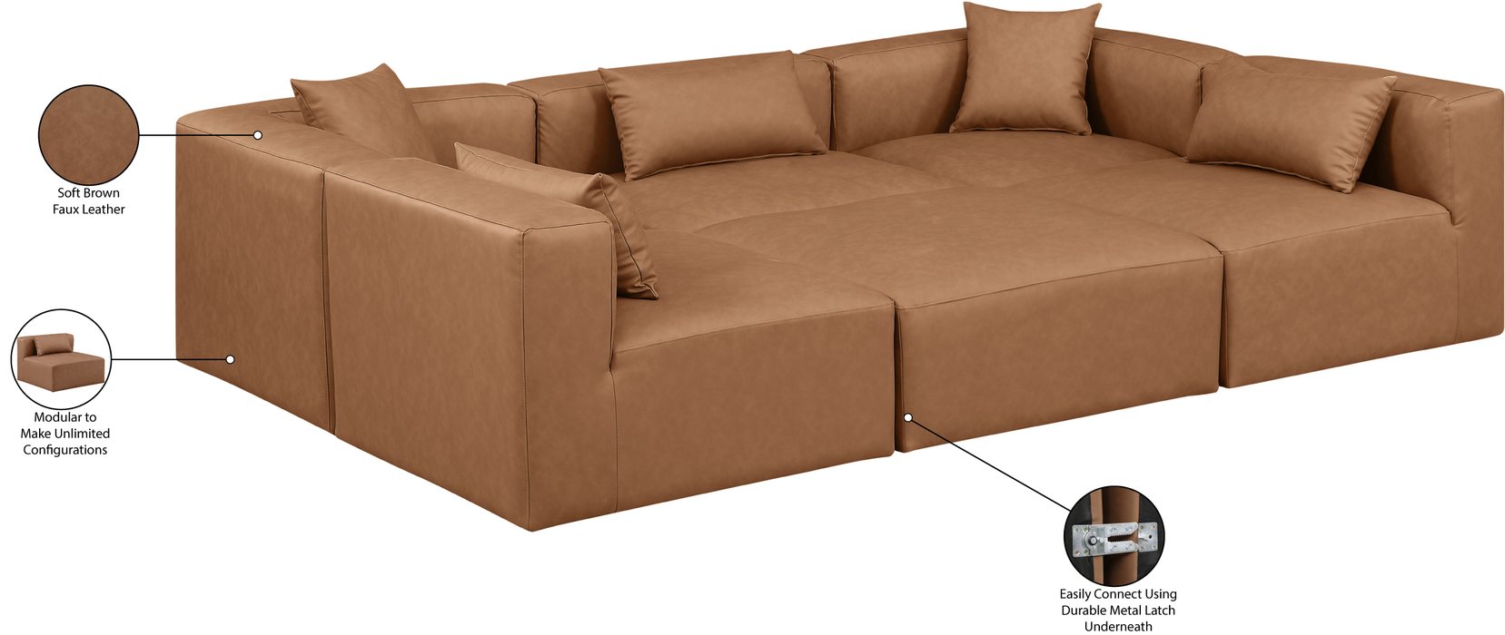 Meridian Furniture - Cube 108" Brown Vegan Leather Upholstered 6pc. Sectional - 668Brown-Sec6C - GreatFurnitureDeal