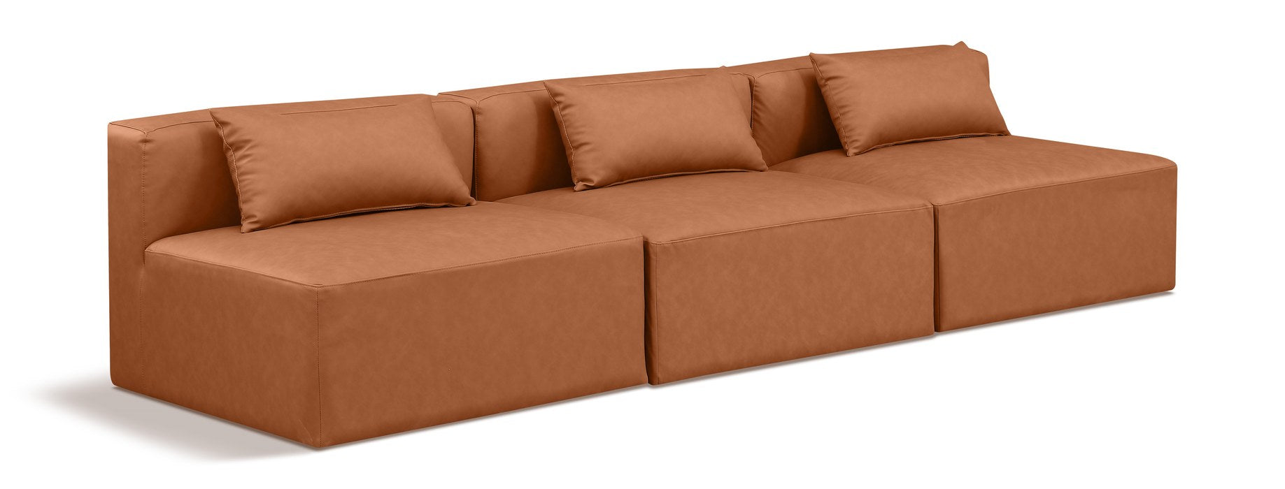Meridian Furniture - Cube 108" Cognac Vegan Leather Upholstered 3pc. Armless Sofa - 668Cognac-S108A - GreatFurnitureDeal