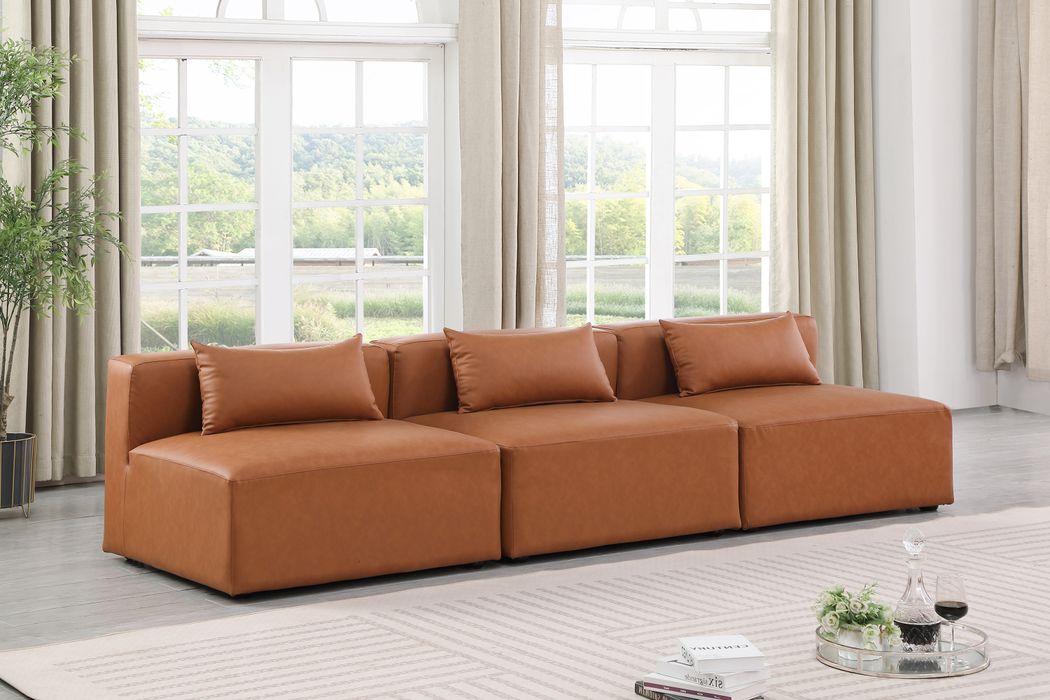 Meridian Furniture - Cube 108" Cognac Vegan Leather Upholstered 3pc. Armless Sofa - 668Cognac-S108A - GreatFurnitureDeal