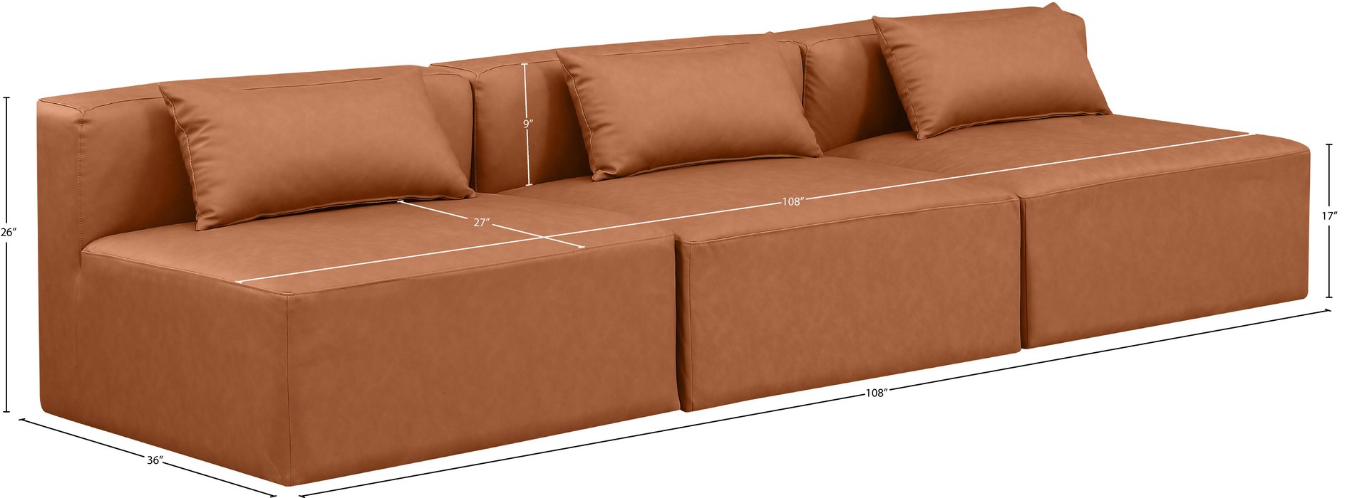 Meridian Furniture - Cube 108" Cognac Vegan Leather Upholstered 3pc. Armless Sofa - 668Cognac-S108A - GreatFurnitureDeal