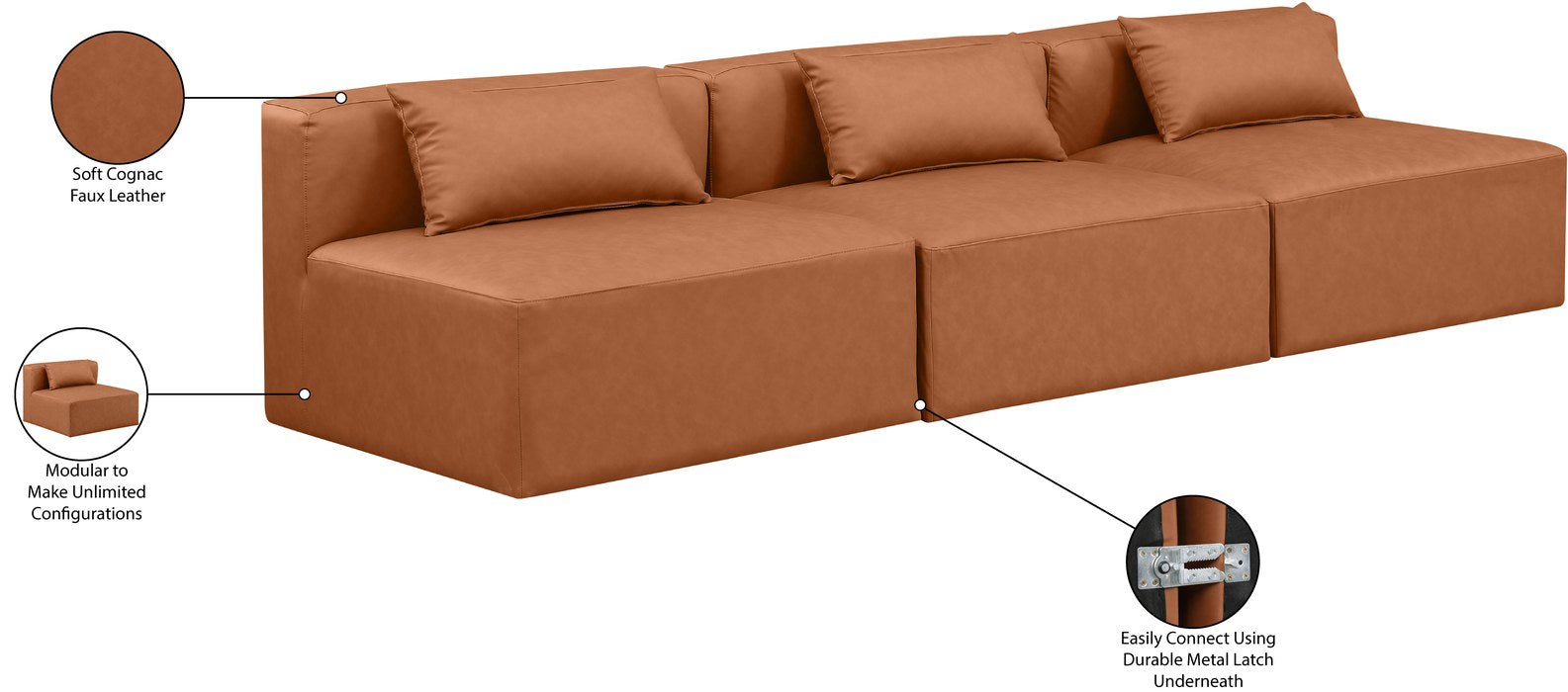 Meridian Furniture - Cube 108" Cognac Vegan Leather Upholstered 3pc. Armless Sofa - 668Cognac-S108A - GreatFurnitureDeal