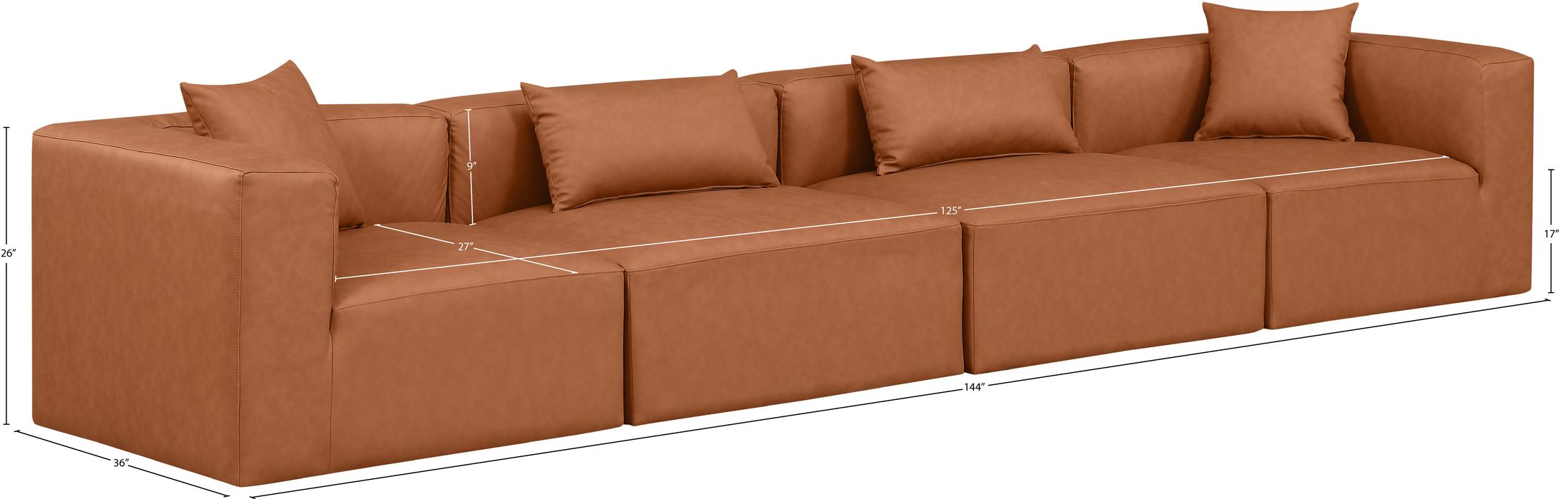 Meridian Furniture - Cube 144" Cognac Vegan Leather Upholstered 4pc. Sofa - 668Cognac-S144B - GreatFurnitureDeal