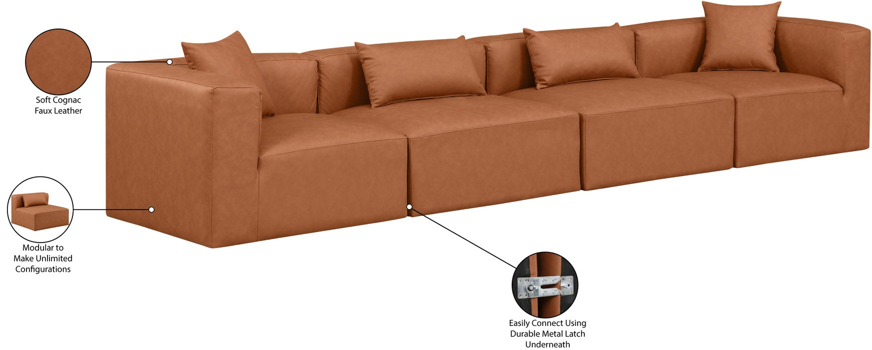 Meridian Furniture - Cube 144" Cognac Vegan Leather Upholstered 4pc. Sofa - 668Cognac-S144B - GreatFurnitureDeal
