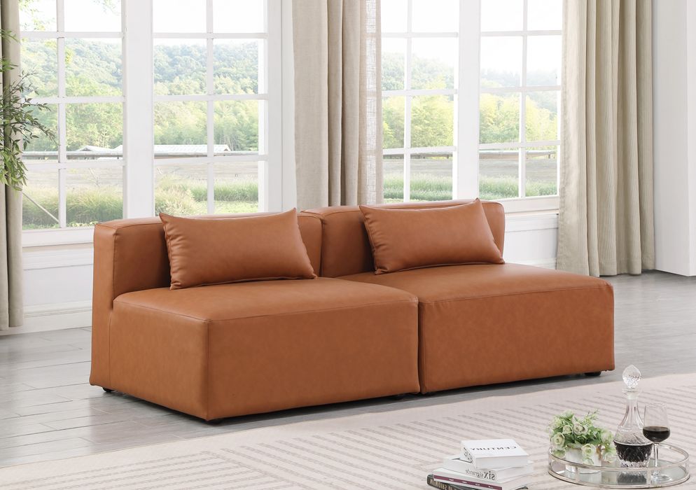 Meridian Furniture - Cube 72" Cognac Vegan Leather Upholstered 2pc. Armless Sofa - 668Cognac-S72A - GreatFurnitureDeal