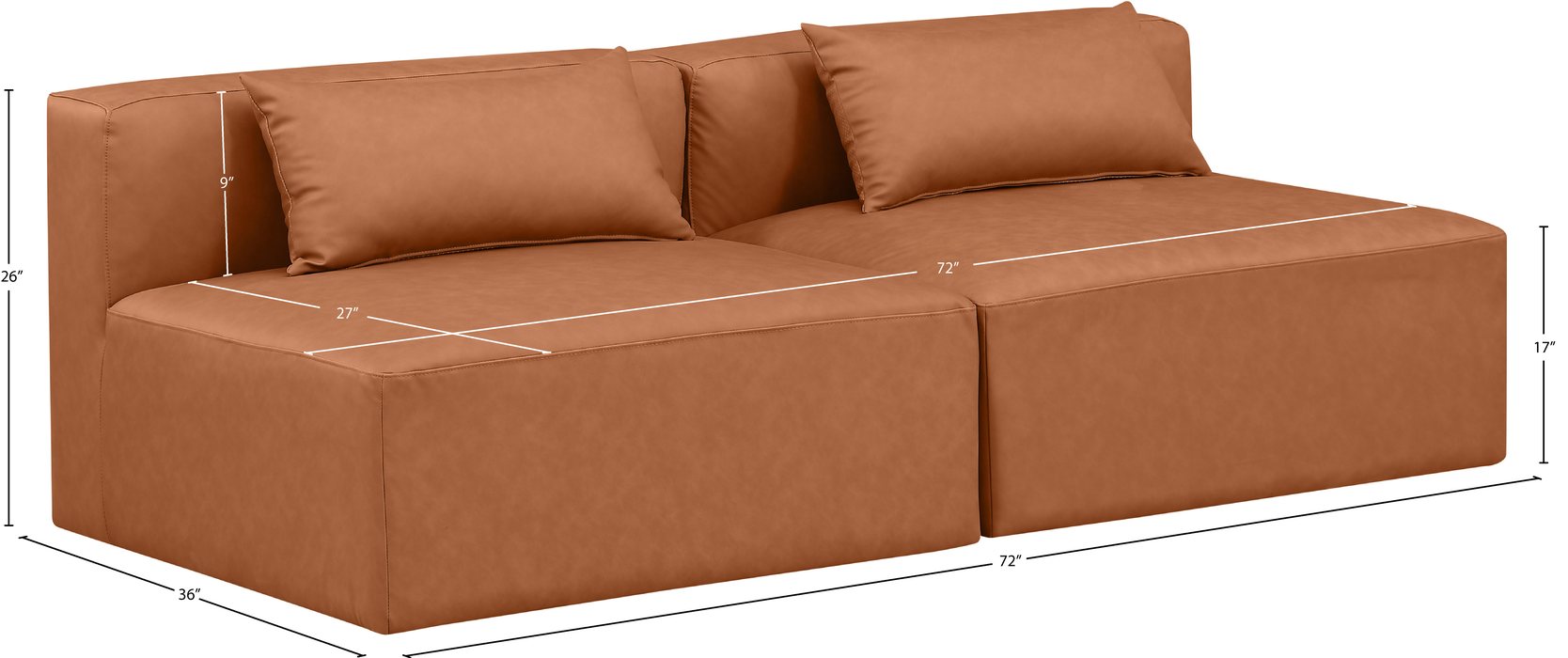 Meridian Furniture - Cube 72" Cognac Vegan Leather Upholstered 2pc. Armless Sofa - 668Cognac-S72A - GreatFurnitureDeal