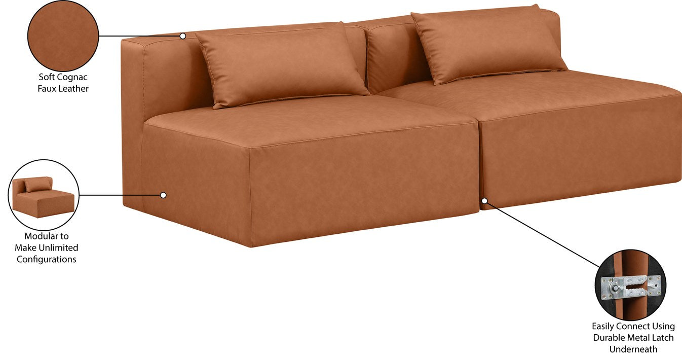 Meridian Furniture - Cube 72" Cognac Vegan Leather Upholstered 2pc. Armless Sofa - 668Cognac-S72A - GreatFurnitureDeal
