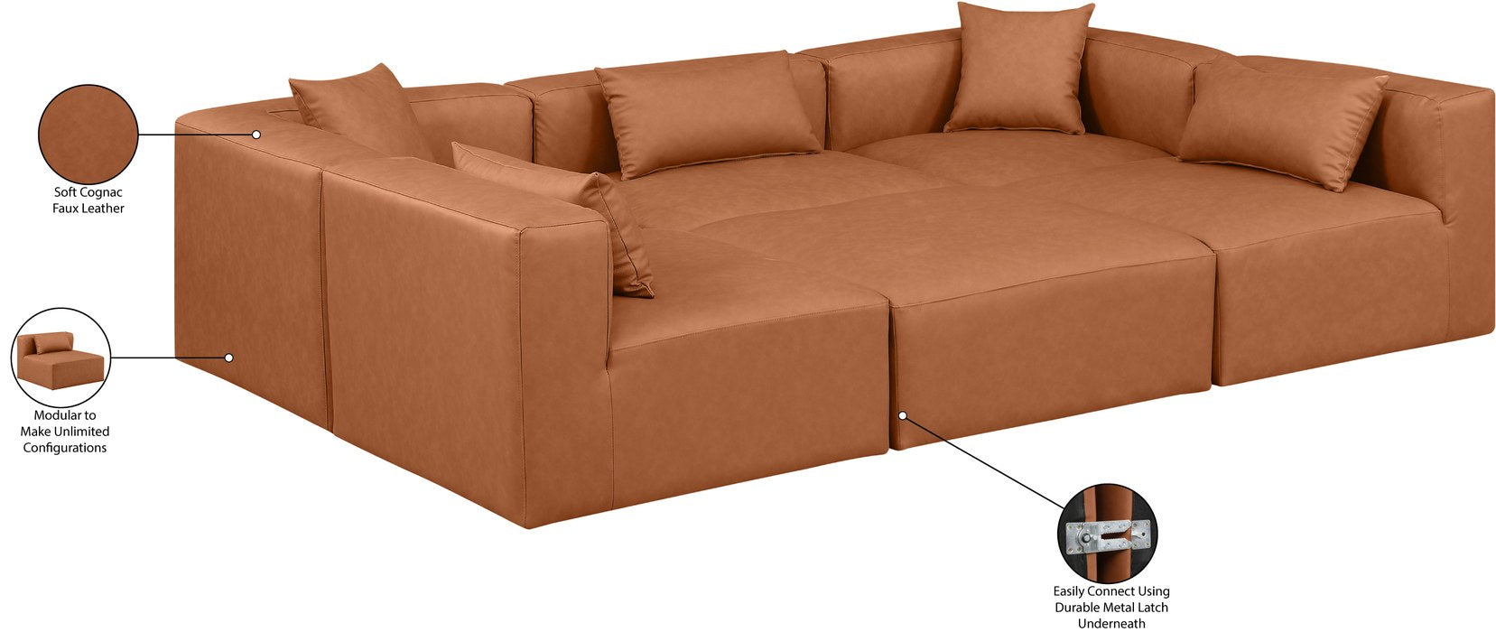Meridian Furniture - Cube 108" Cognac Vegan Leather Upholstered 6pc. Sectional - 668Cognac-Sec6C - GreatFurnitureDeal
