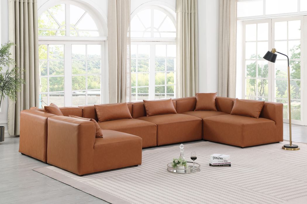 Meridian Furniture - Cube 144" Cognac Vegan Leather Upholstered 6pc. Sectional - 668Cognac-Sec6D - GreatFurnitureDeal